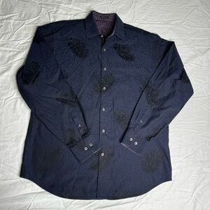 Bugatchi UOMO Dark Blue and Black Print Button Down Shirt Size: See Measurements